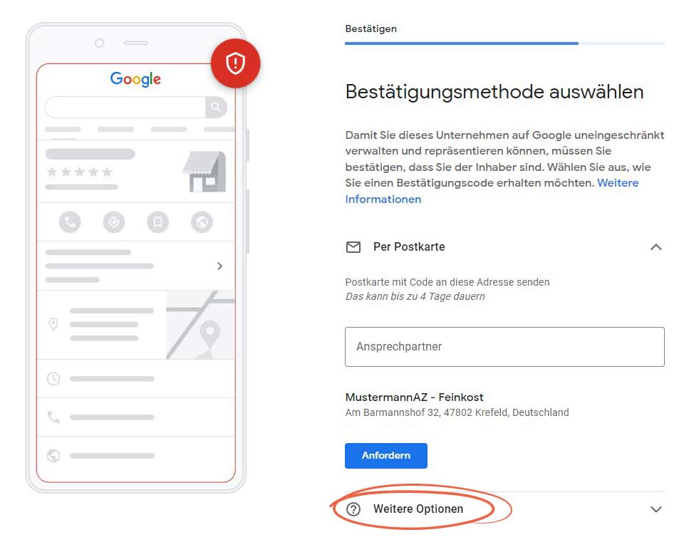 Google My Business verifizieren: Bestätigungsmethode über Telefon oder Bestätigungscode (Postkarte) auswählen.