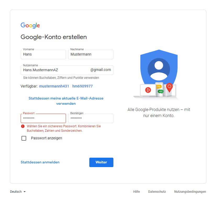Google Konto anlegen und Passwort Fehler