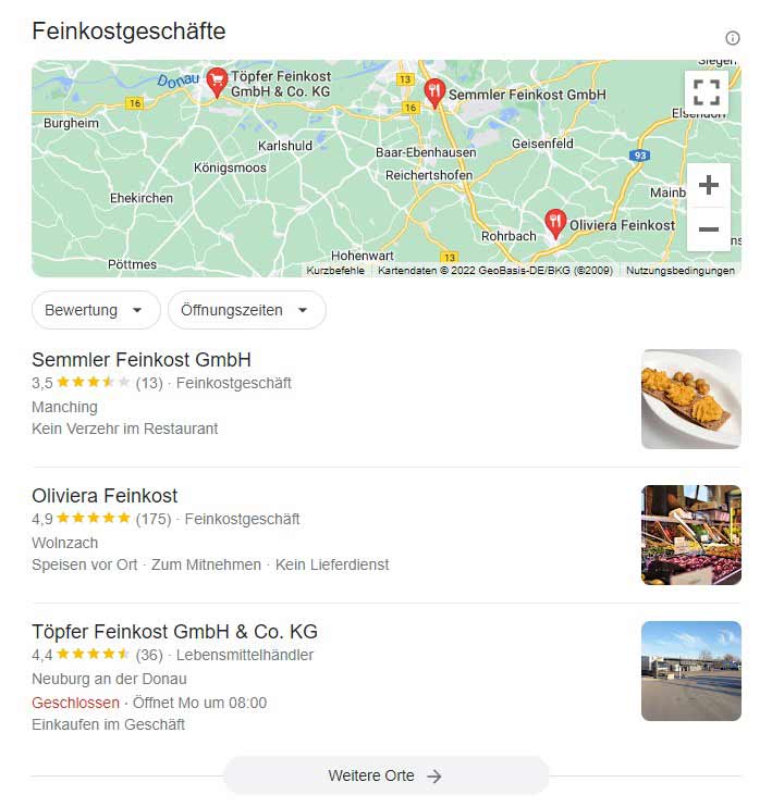 Lokale Google Suche zeigt Brancheneinträge aus der lokalen Suche wenn jemand eine near me oder in meiner Nähe Suche ausführt